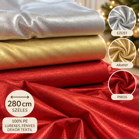 Lurexes fényes dekor textil – 280 cm széles – arany, ezüst, piros